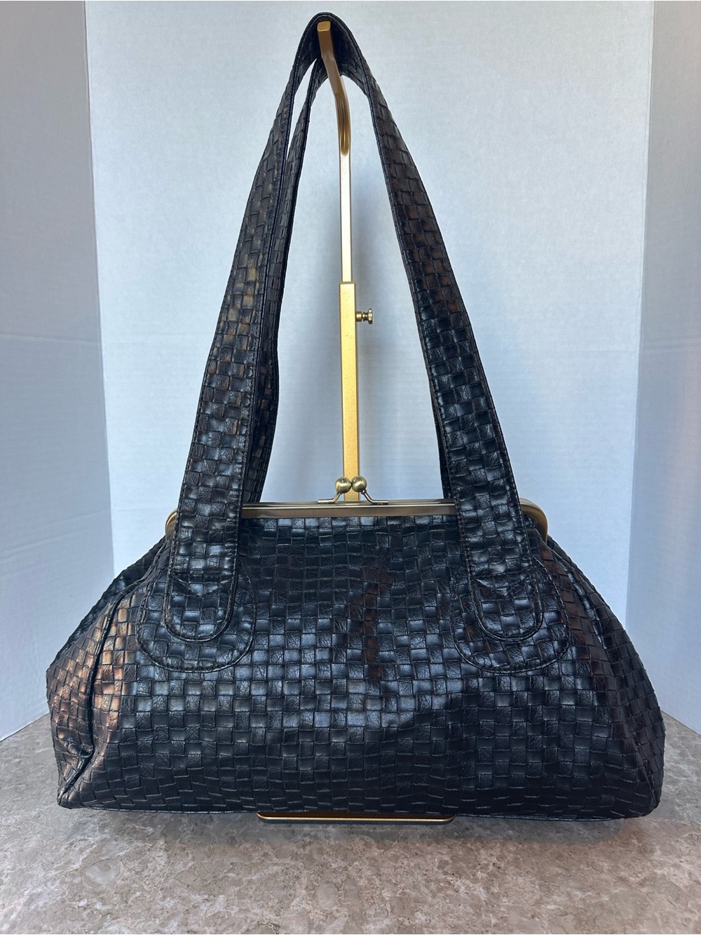 Black Faux Leather Kiss Lock Doctor Shoulder Bag Dark Academia Classic Chic